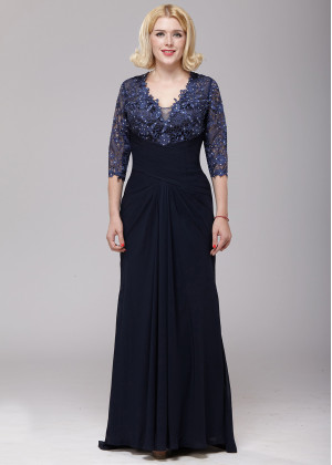 Navy Blue Lace Chiffon Beaded Modern Mother Dress 